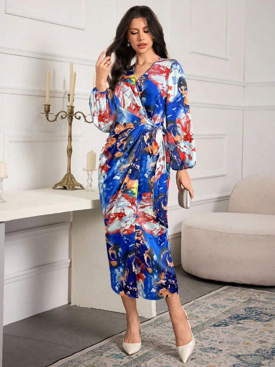 Printed V-neck Cardigan With Belt Midi Dresses - Image 20