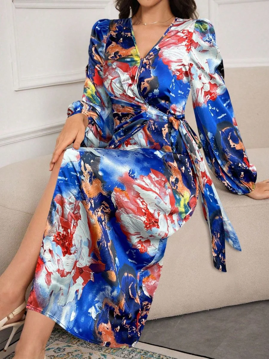 Printed V-neck Cardigan With Belt Midi Dresses - Image 21