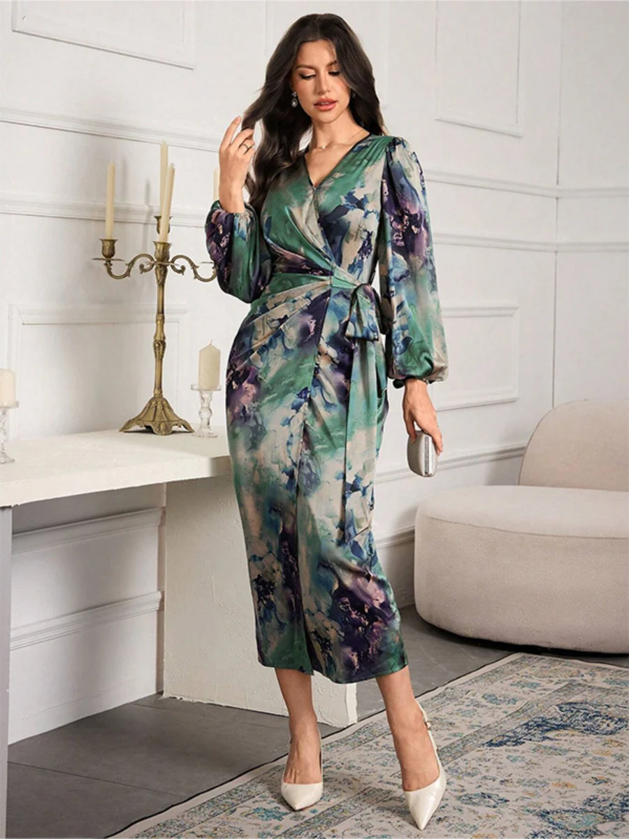 Printed V-neck Cardigan With Belt Midi Dresses - Image 3