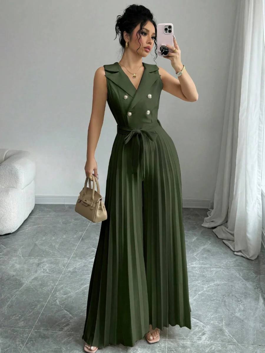 Commuting Suit Collar Pleated Pants Double-breasted Jumpsuits - Image 13