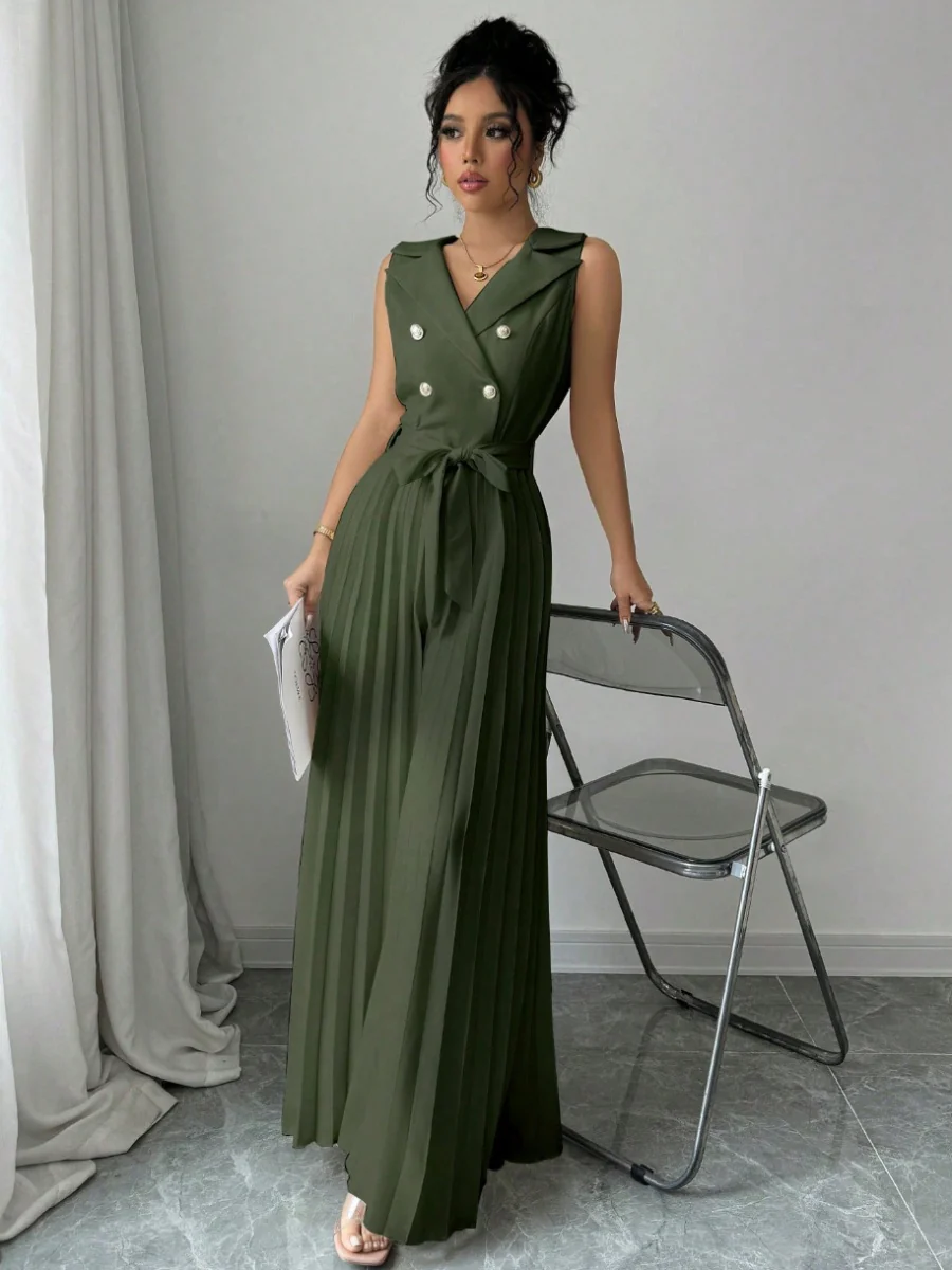 Commuting Suit Collar Pleated Pants Double-breasted Jumpsuits - Image 18