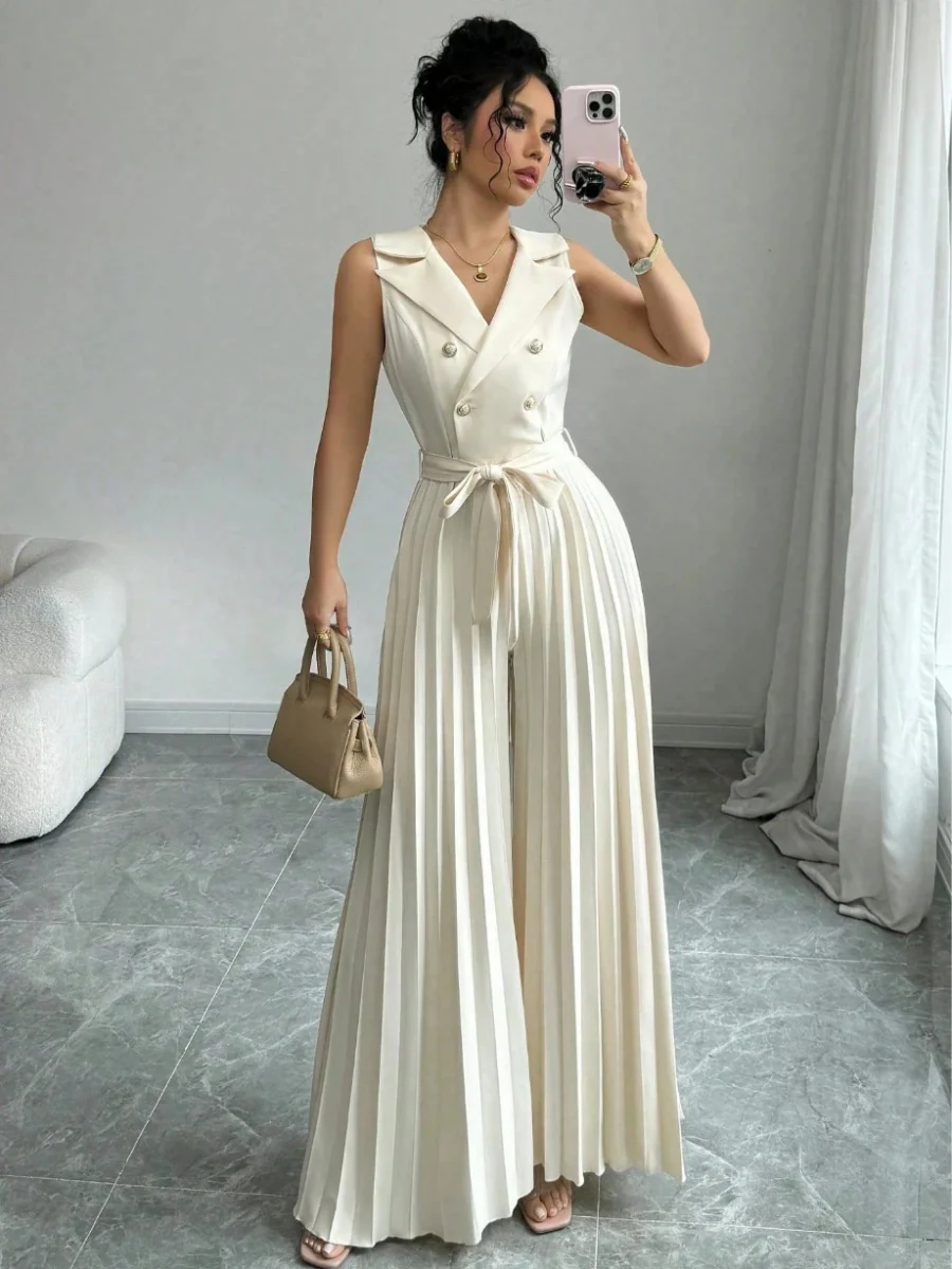 Commuting Suit Collar Pleated Pants Double-breasted Jumpsuits - Image 19