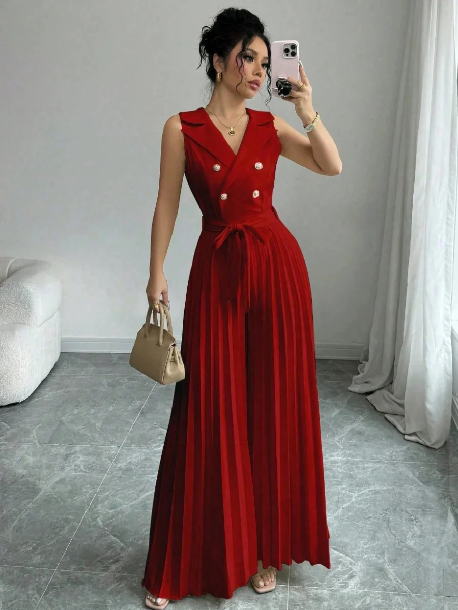 Commuting Suit Collar Pleated Pants Double-breasted Jumpsuits - Image 25