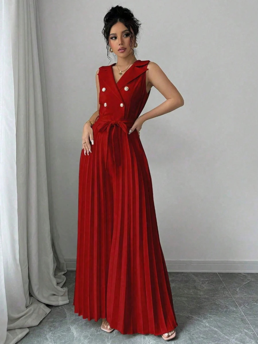 Commuting Suit Collar Pleated Pants Double-breasted Jumpsuits - Image 27
