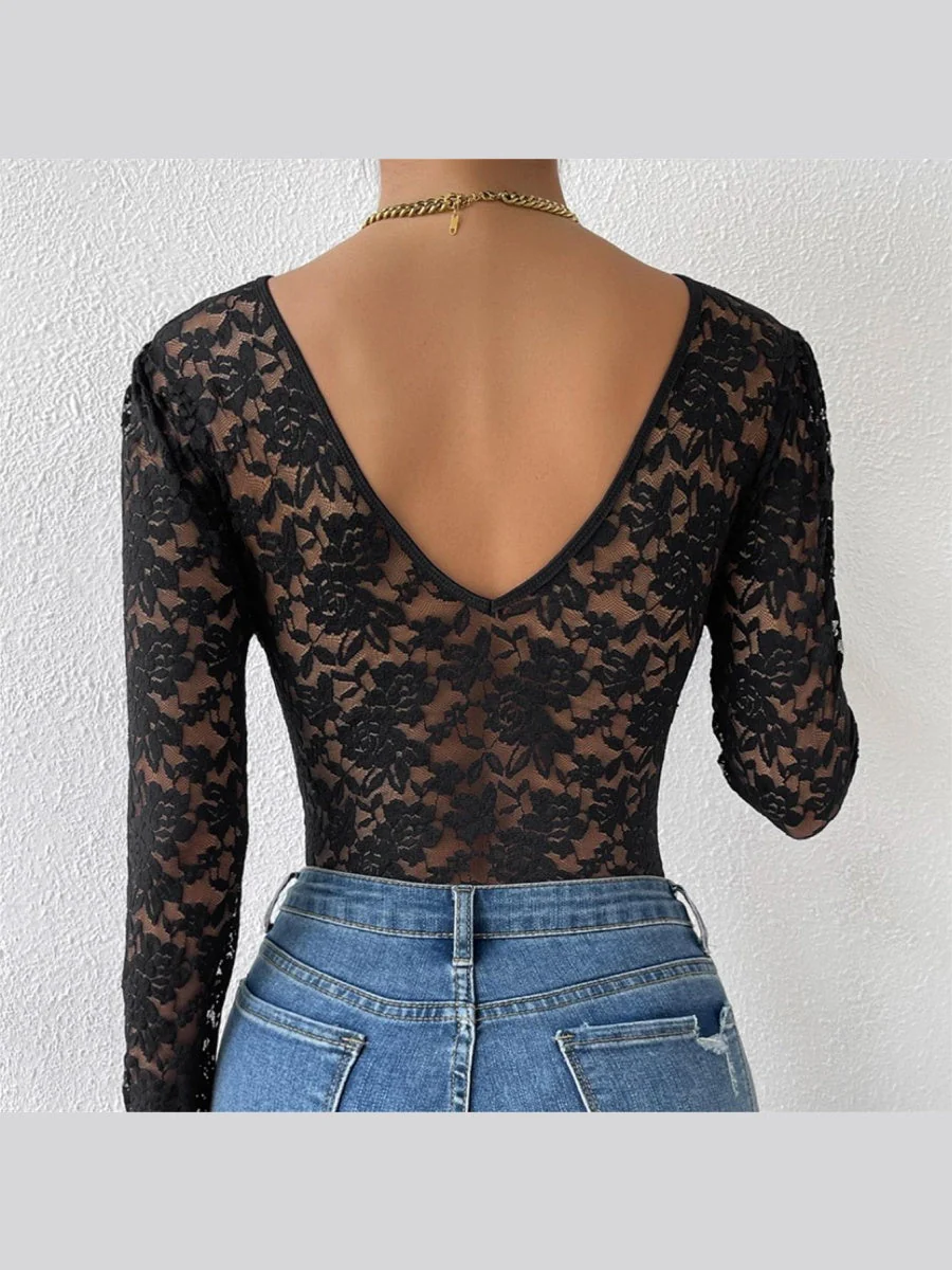 Lace Long Sleeve Perspective Slim Fit Bodysuit - Image 3