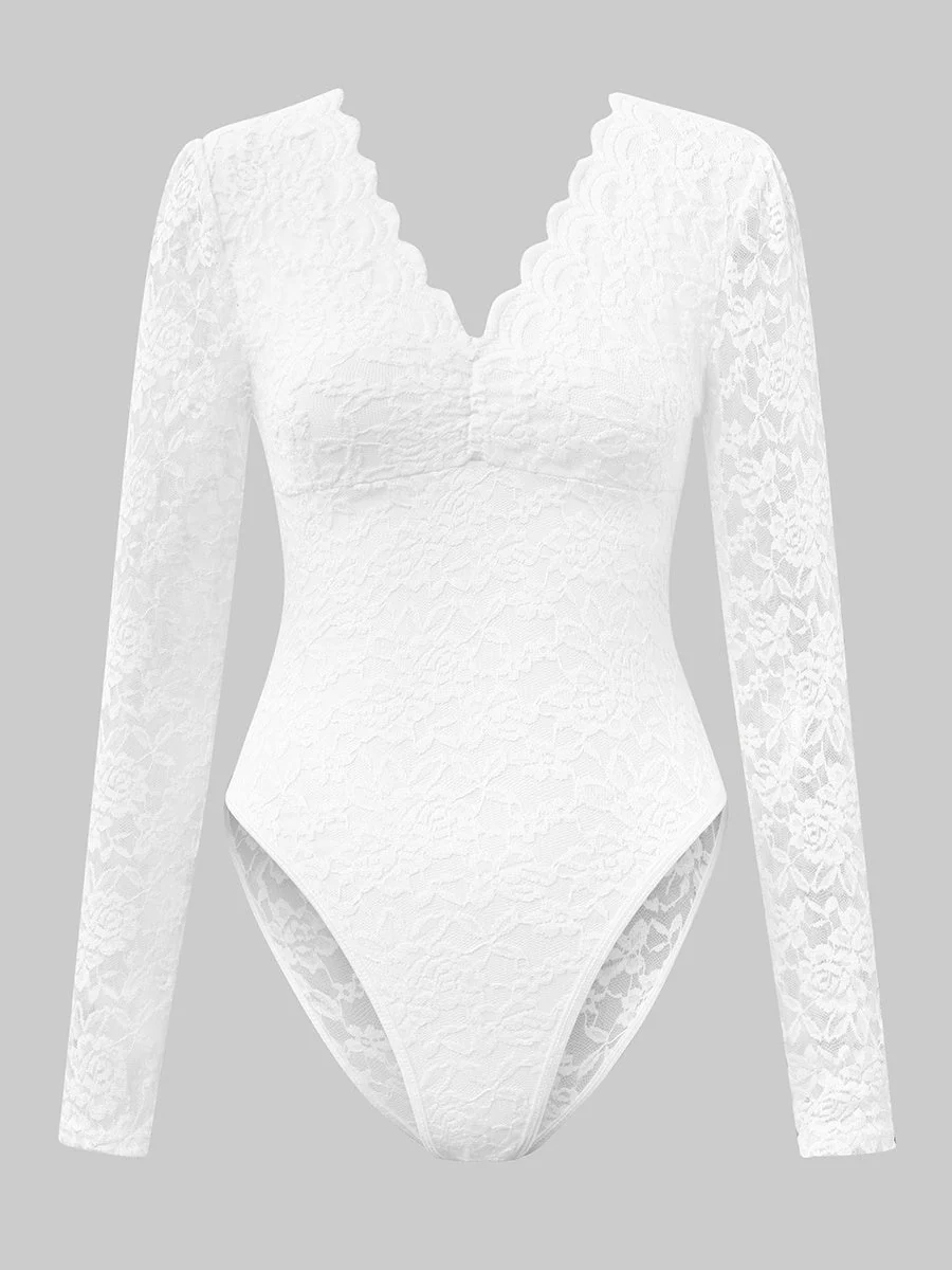 Lace Long Sleeve Perspective Slim Fit Bodysuit - Image 4