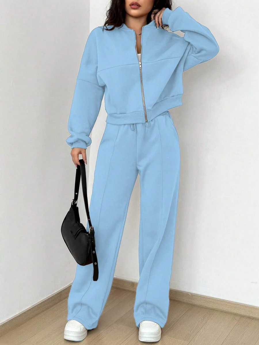 Sports And Leisure Solid Color Crew Neck Zipper 2-piece Sets - Image 15
