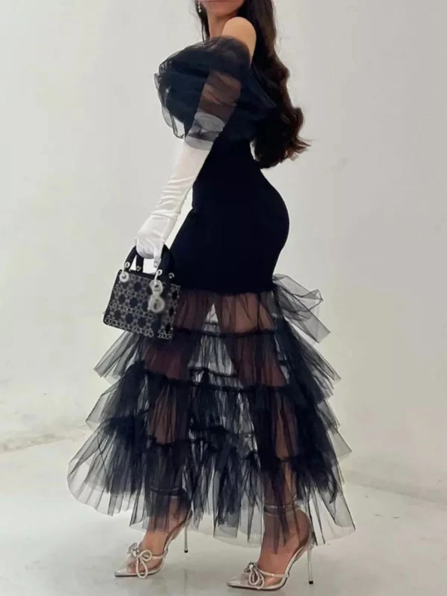 Black Multi-layered Mesh Strapless Long Dress - Image 2