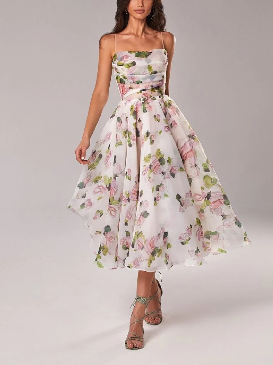 Zipper Floral Print Strapless Sleeveless Long Dress - Image 3