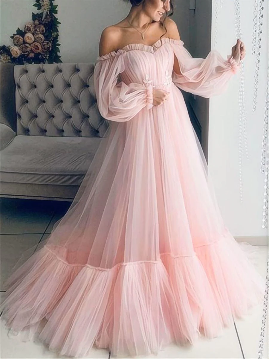 Off-shoulder Mesh Long Sleeves Backless Big Swing Maxi Dresses