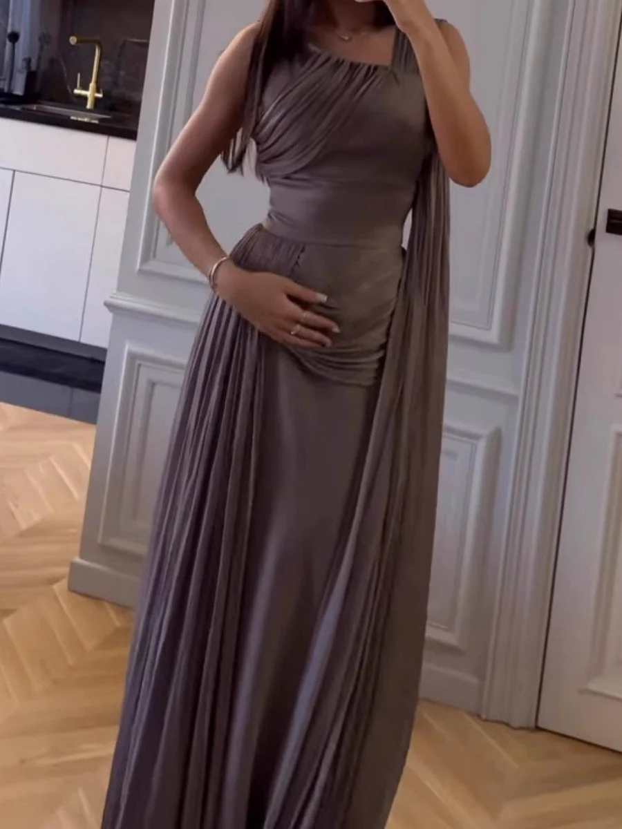 Gray Purple Pleated Ribbon Satin Maxi Dresses - Image 3