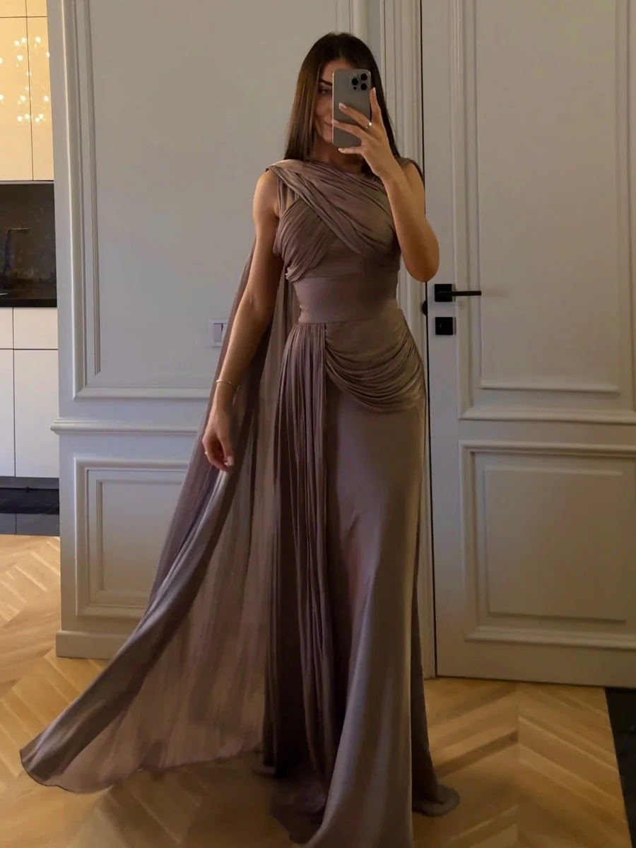 Gray Purple Pleated Ribbon Satin Maxi Dresses - Image 4