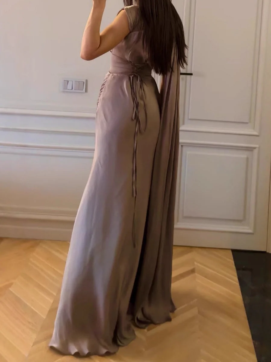 Gray Purple Pleated Ribbon Satin Maxi Dresses - Image 5