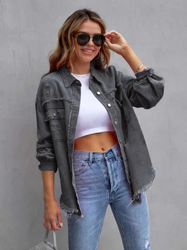 Multicolor Raw Hem Denim Jacket - Image 15