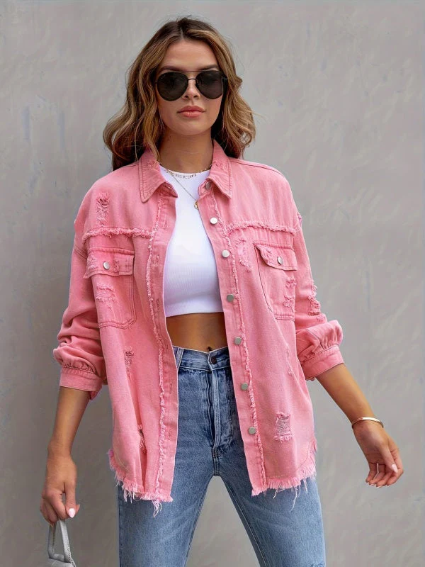 Multicolor Raw Hem Denim Jacket - Image 3