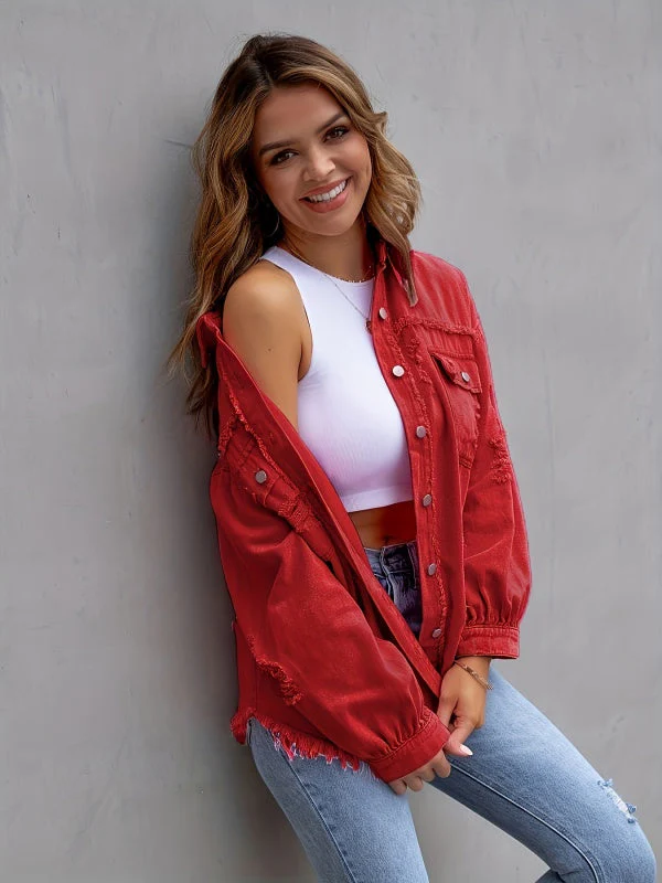 Multicolor Raw Hem Denim Jacket - Image 7