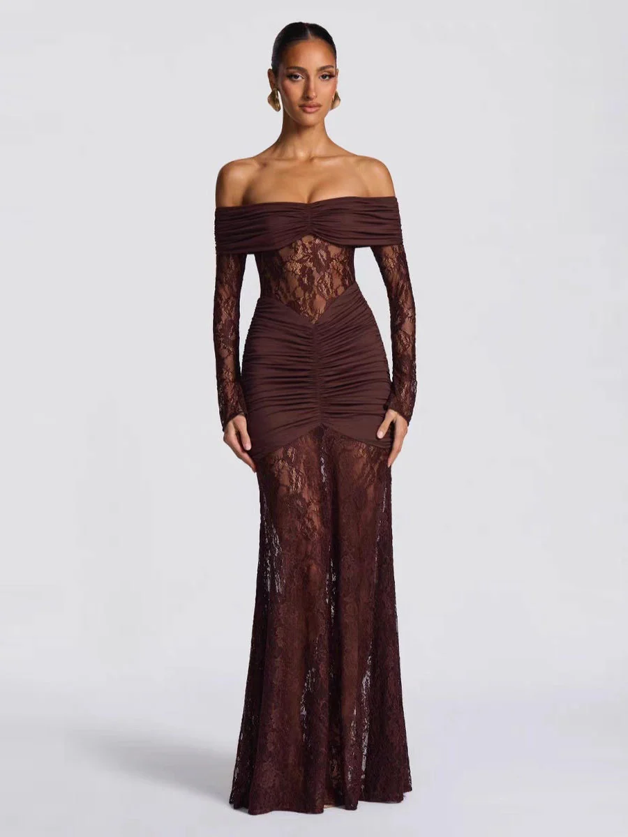 Off Shoulder Hollow Lace Splicing Long Sleeve Hip-hugging Maxi Dresses - Image 10