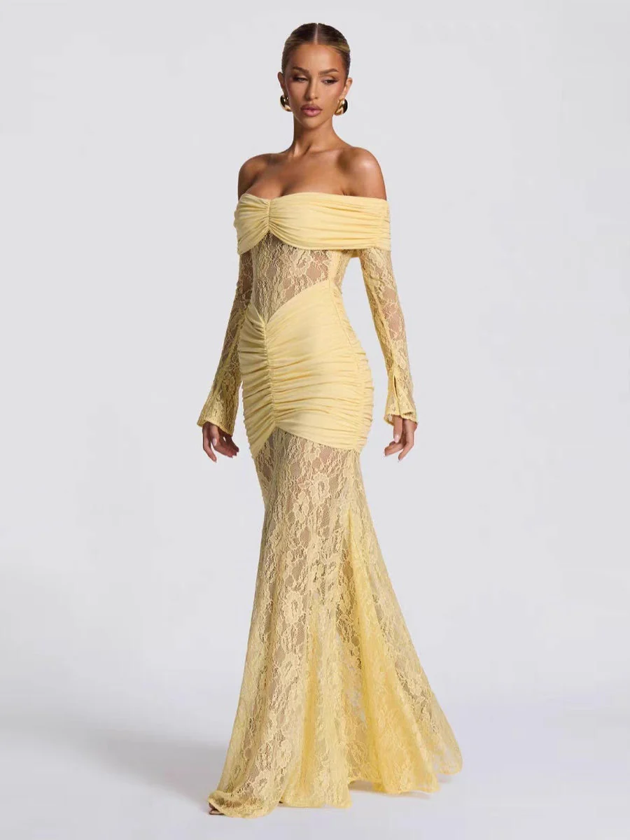 Off Shoulder Hollow Lace Splicing Long Sleeve Hip-hugging Maxi Dresses - Image 7