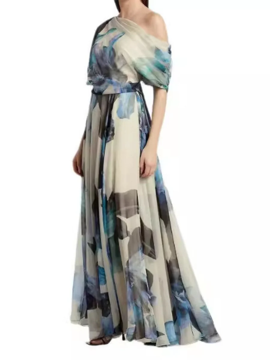 Pleated Printed Off Shoulder Vacation Maxi Dresses - Image 5