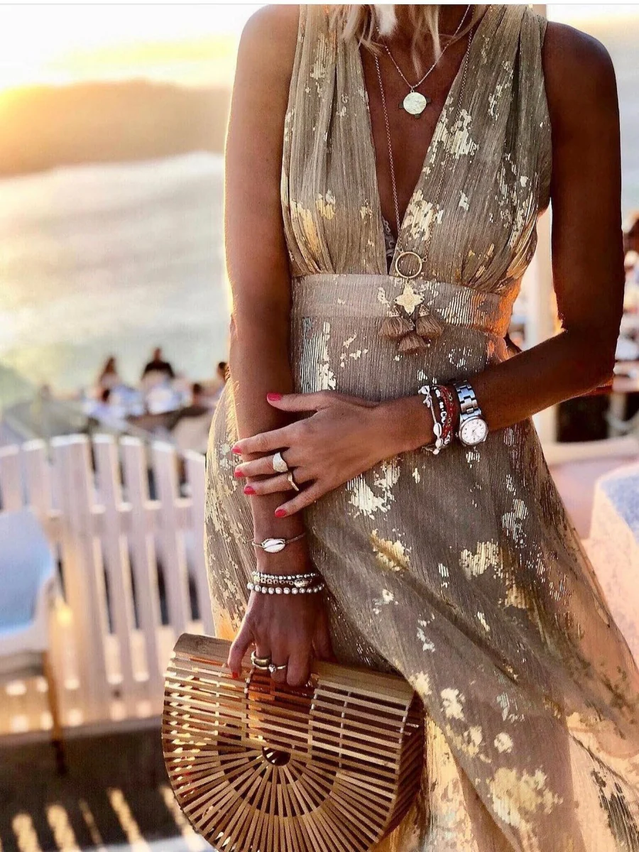 Printed Gathering Hot Stamping V-neck Sexy Maxi Dresses