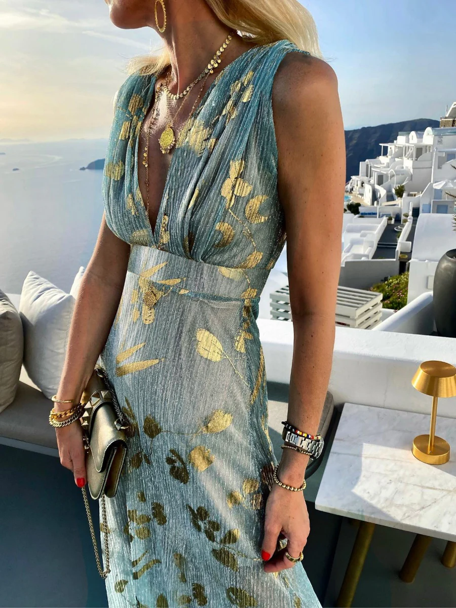 Printed Gathering Hot Stamping V-neck Sexy Maxi Dresses - Image 10