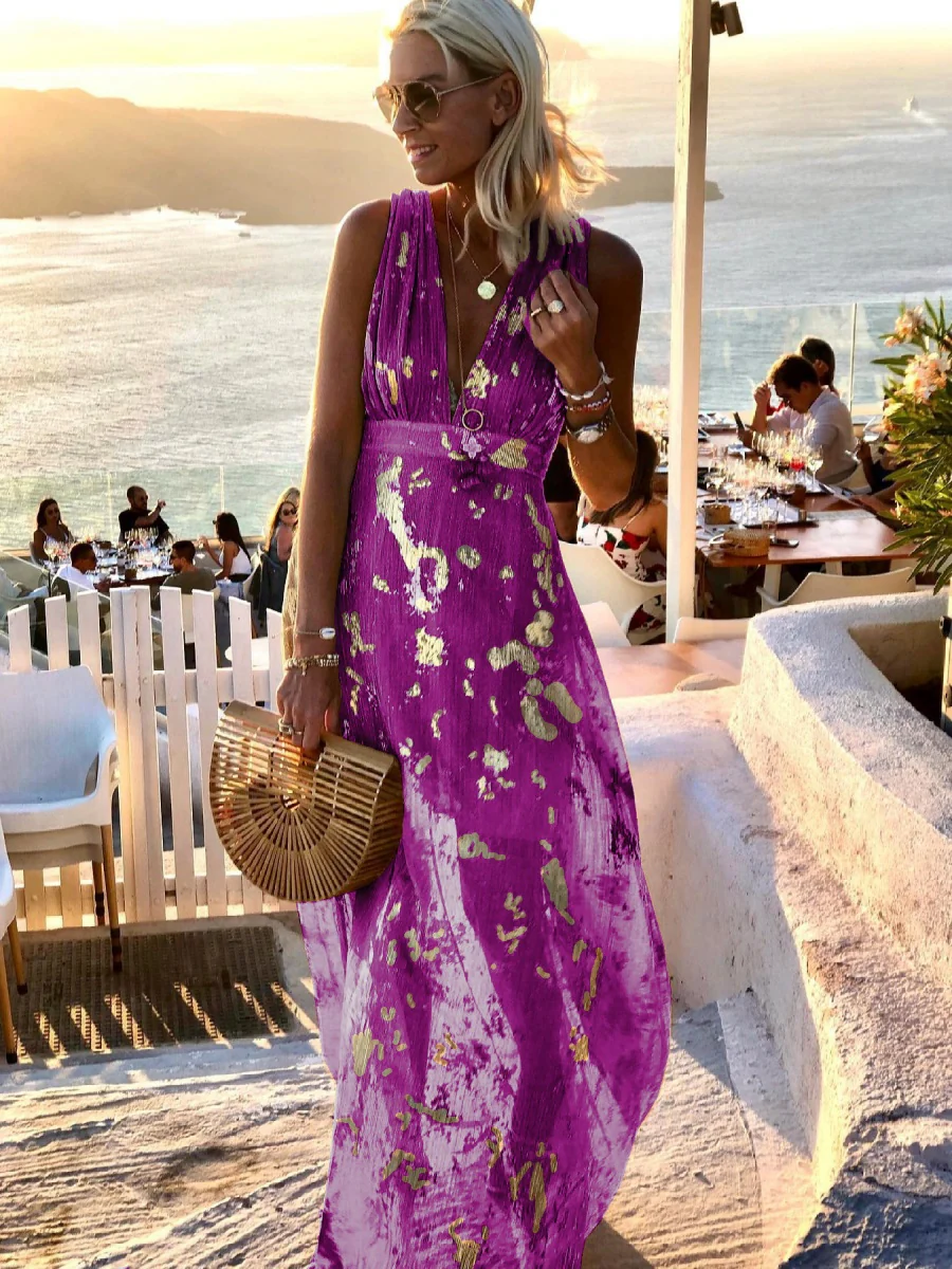 Printed Gathering Hot Stamping V-neck Sexy Maxi Dresses - Image 7