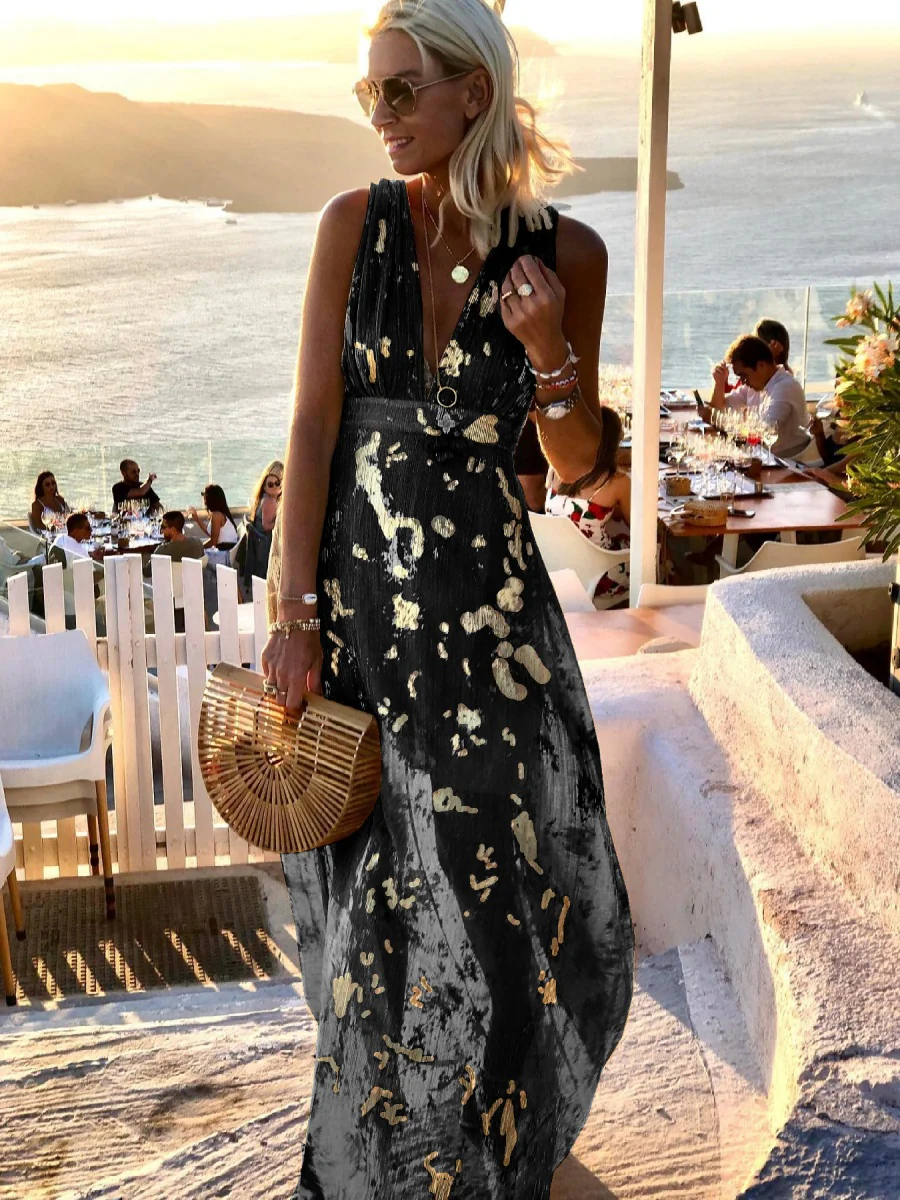 Printed Gathering Hot Stamping V-neck Sexy Maxi Dresses - Image 8