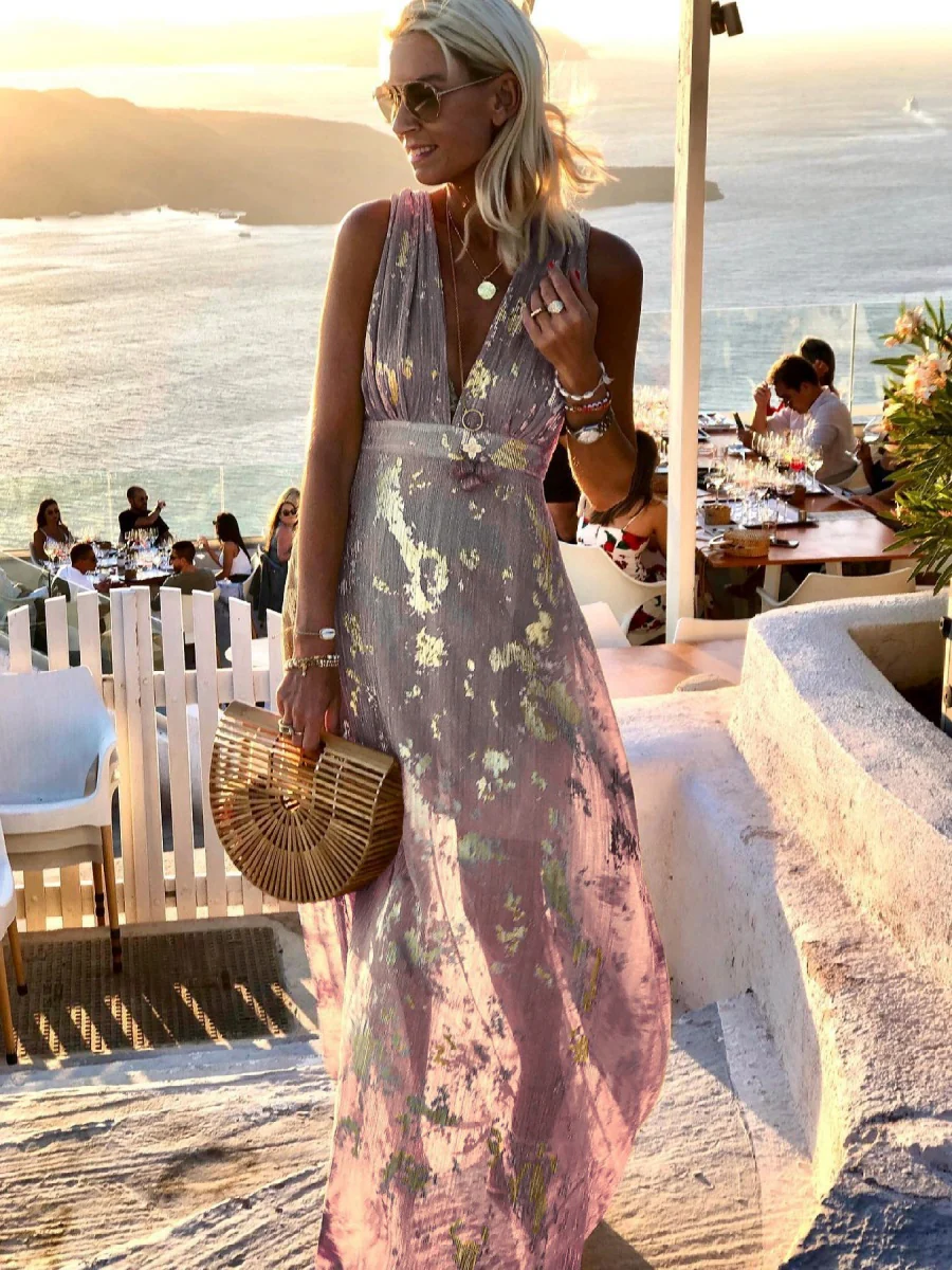 Printed Gathering Hot Stamping V-neck Sexy Maxi Dresses - Image 9
