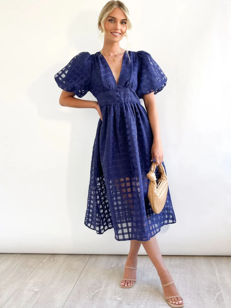 Balloon Sleeve Color Hollow Temperament Midi Dresses - Image 12