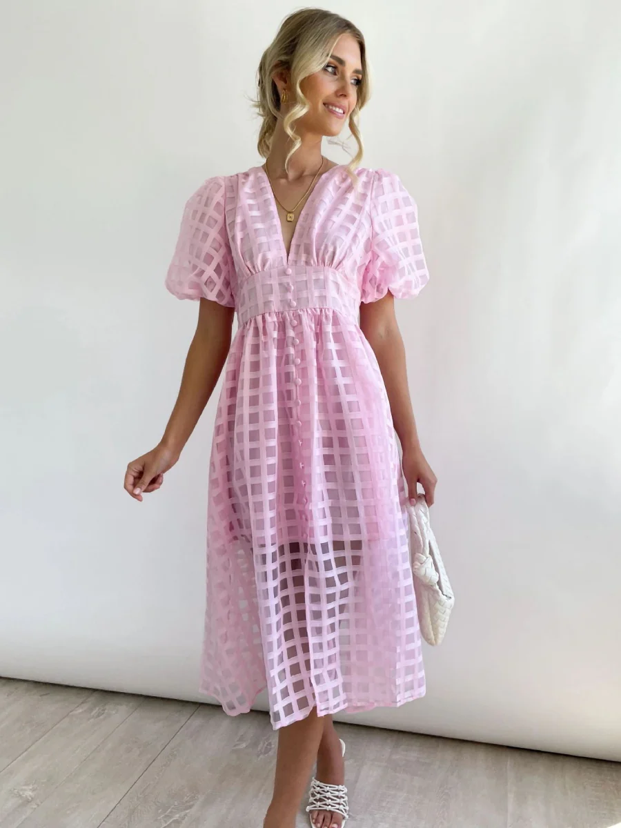 Balloon Sleeve Color Hollow Temperament Midi Dresses - Image 13