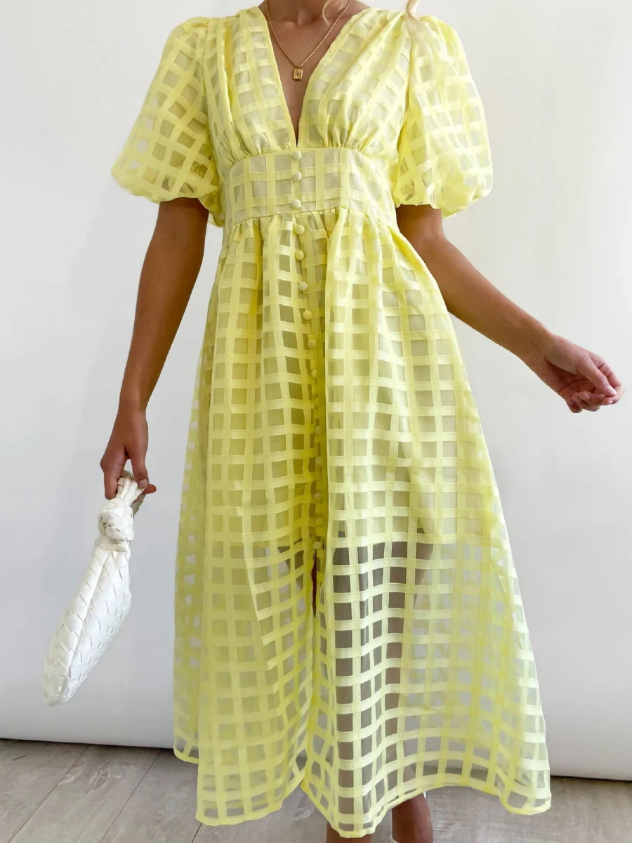 Balloon Sleeve Color Hollow Temperament Midi Dresses - Image 15