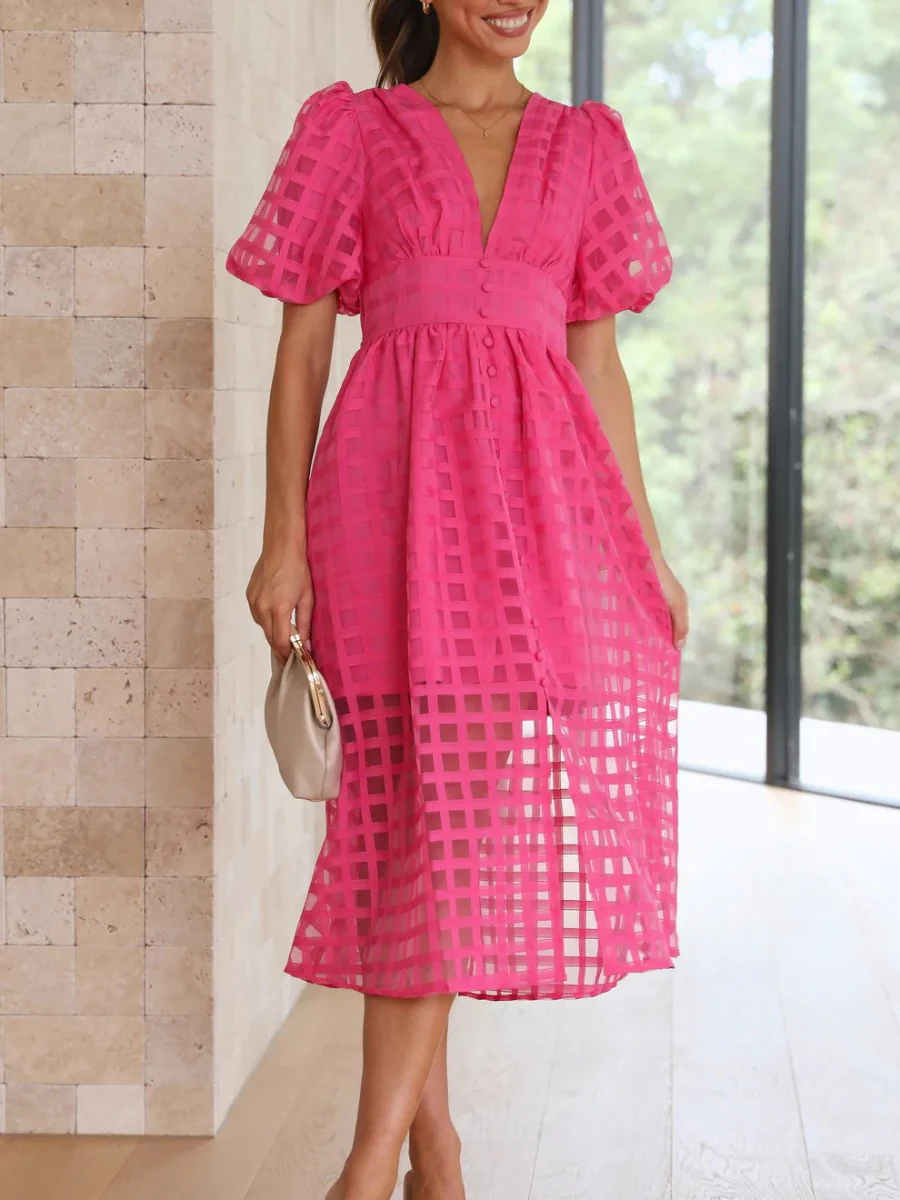 Balloon Sleeve Color Hollow Temperament Midi Dresses - Image 2