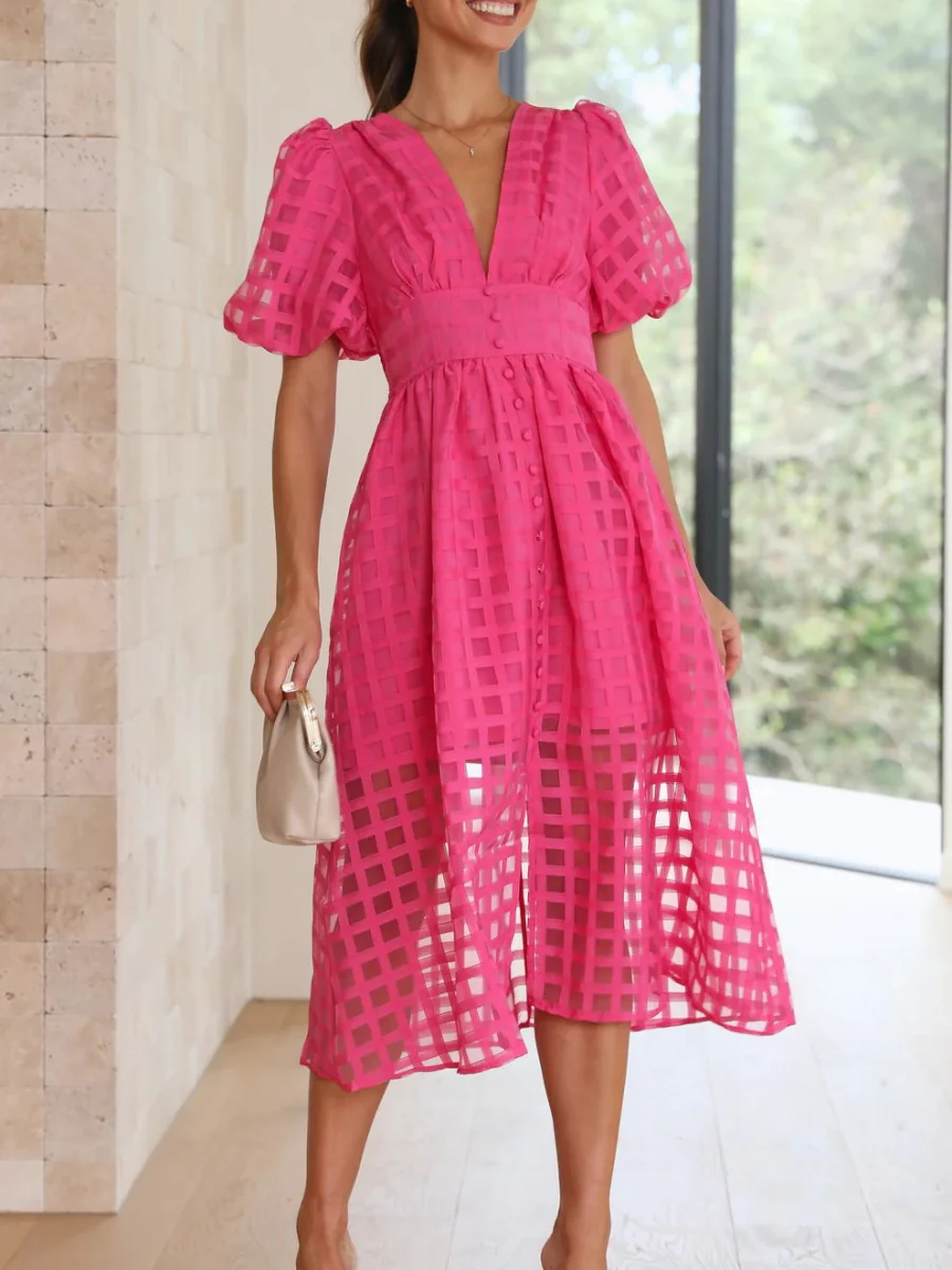 Balloon Sleeve Color Hollow Temperament Midi Dresses - Image 3