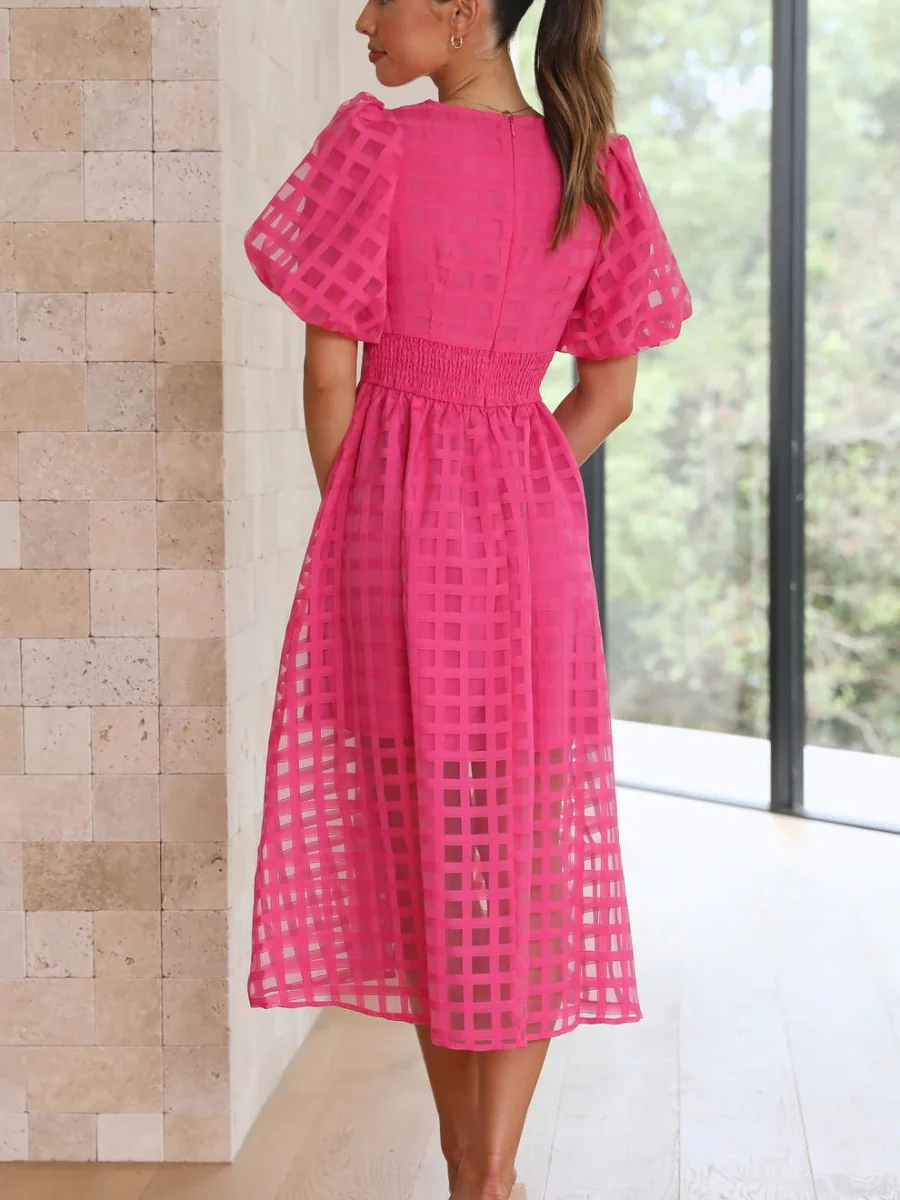 Balloon Sleeve Color Hollow Temperament Midi Dresses - Image 5
