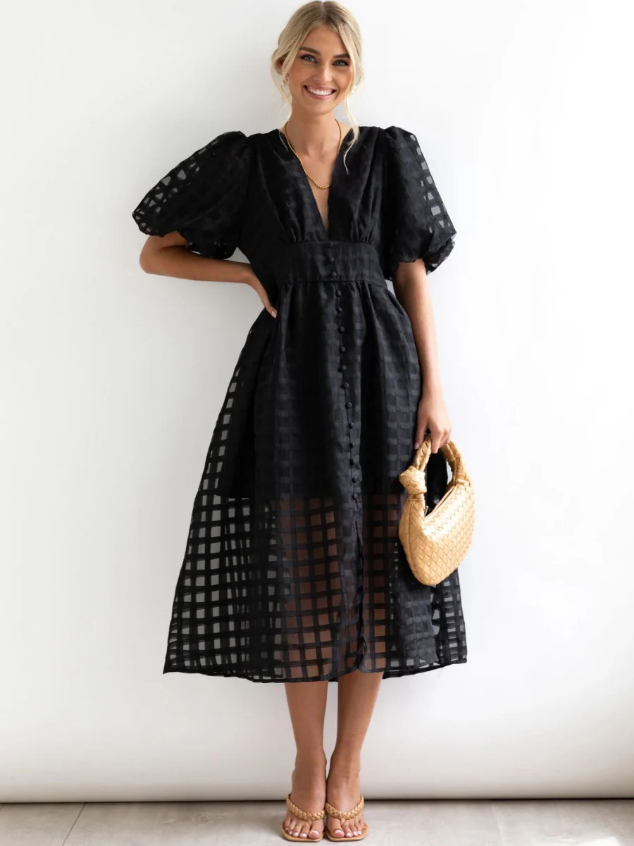 Balloon Sleeve Color Hollow Temperament Midi Dresses - Image 6