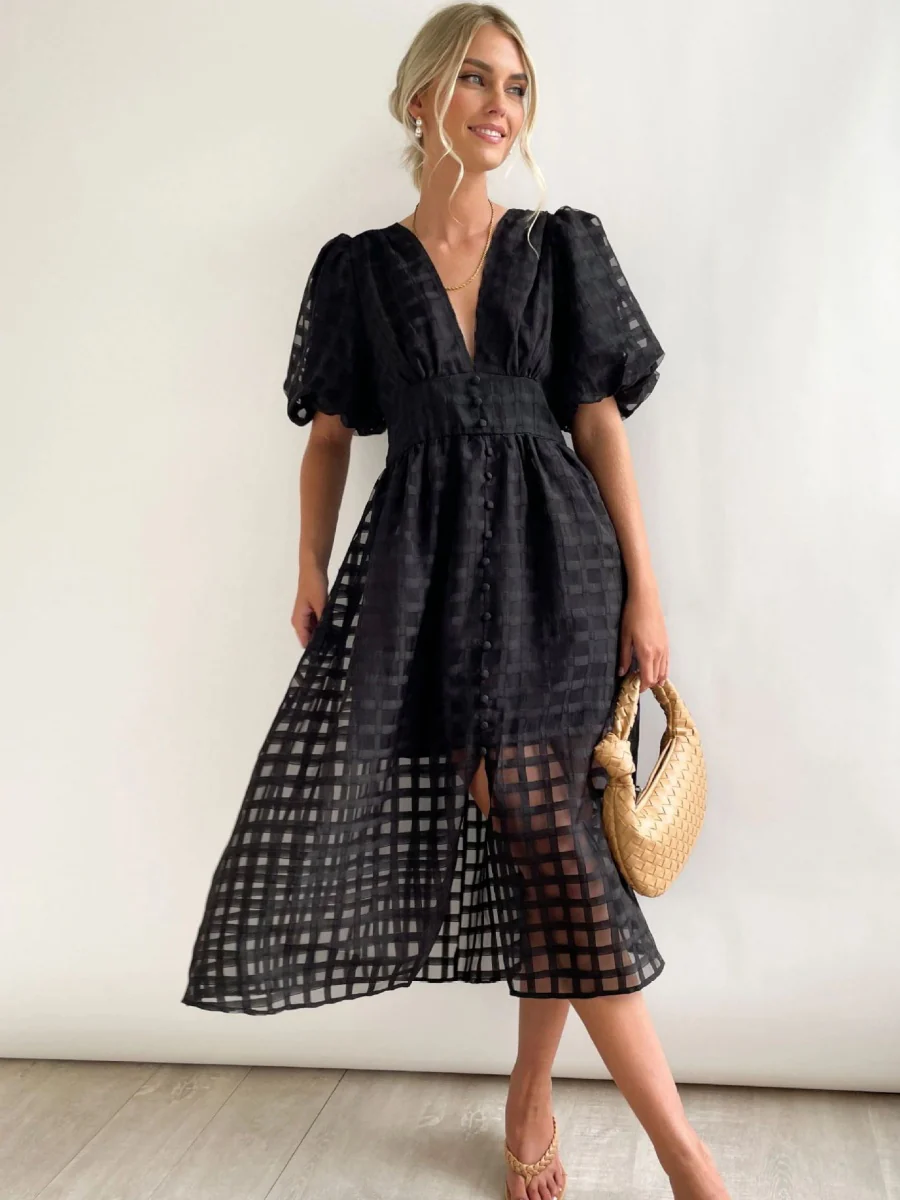 Balloon Sleeve Color Hollow Temperament Midi Dresses - Image 7