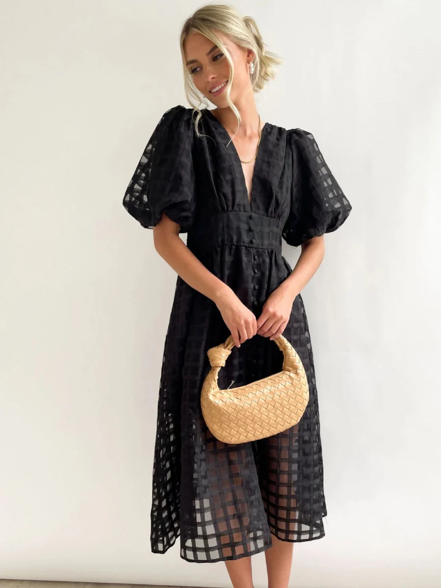 Balloon Sleeve Color Hollow Temperament Midi Dresses - Image 8