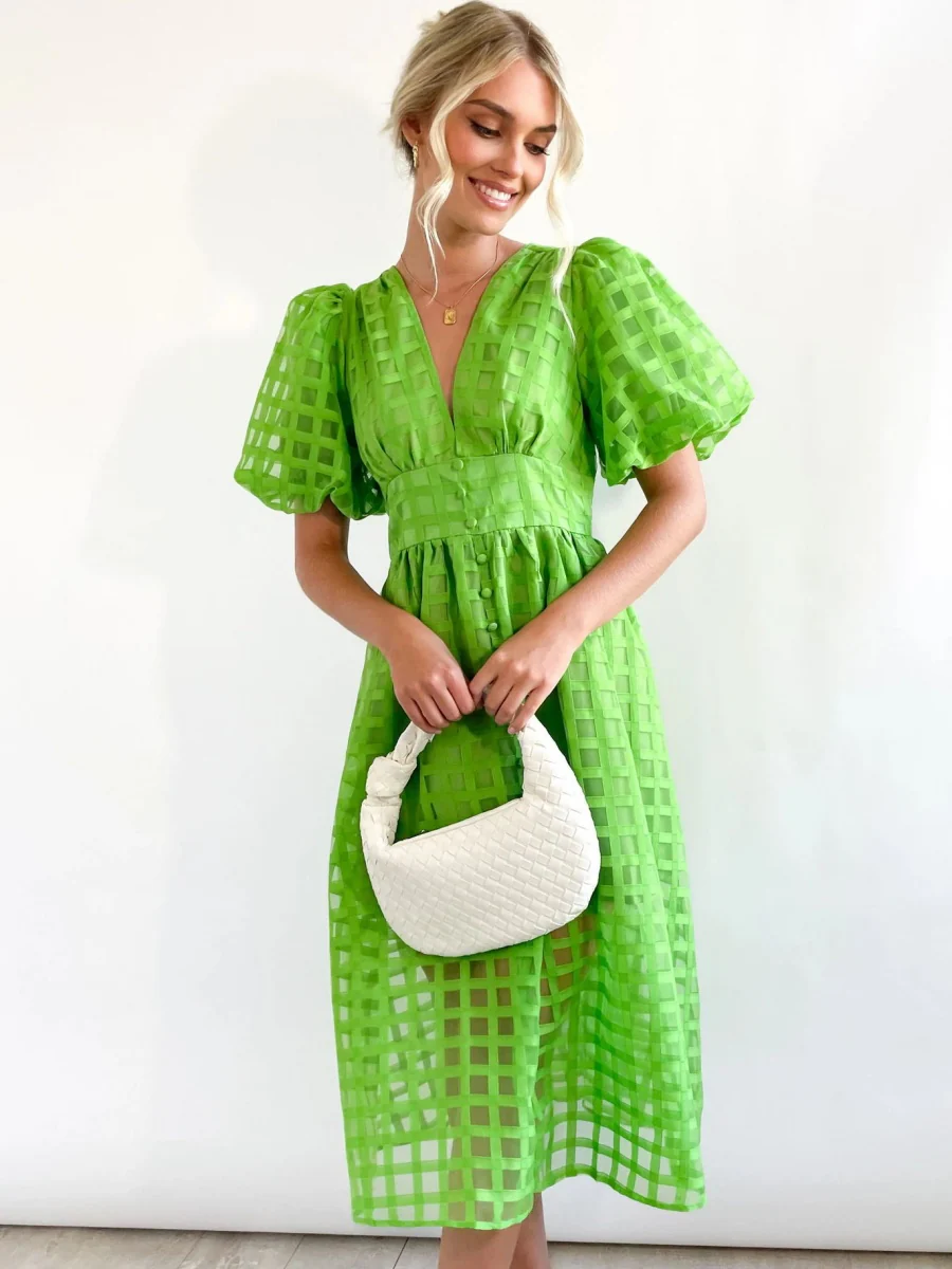 Balloon Sleeve Color Hollow Temperament Midi Dresses - Image 9