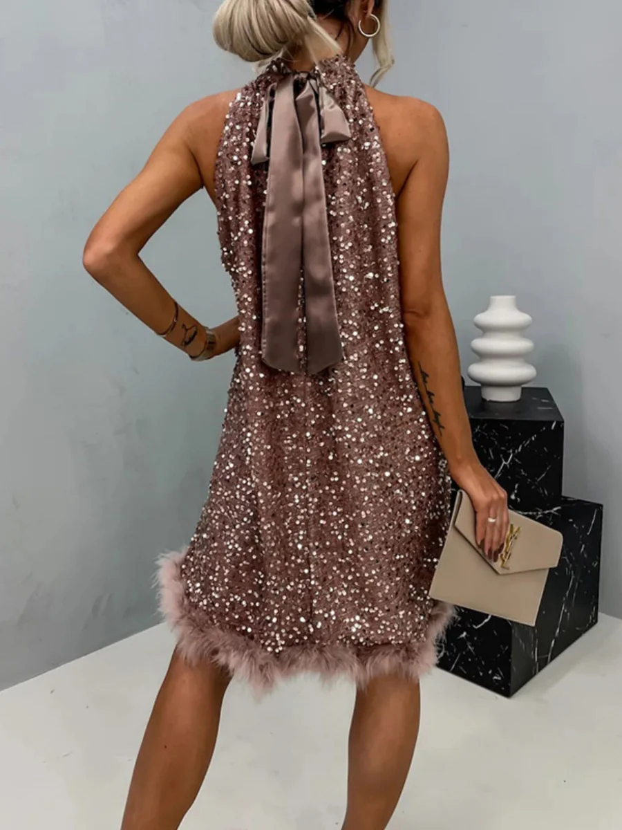 Sequins Feather Halter Lace Up Two-way Parties Mini&Short Dresses - Image 4