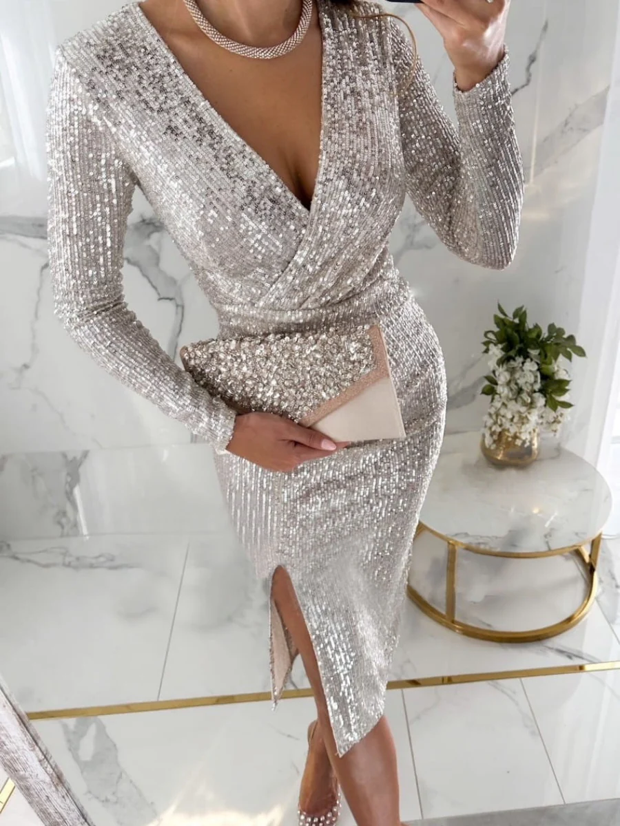 Sequins Fine Flash V-neck Hip-hugging Tight Fit Slit Parties Midi Dresses - Image 3