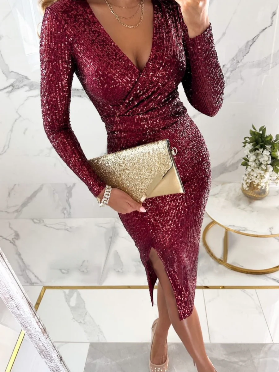 Sequins Fine Flash V-neck Hip-hugging Tight Fit Slit Parties Midi Dresses - Image 7