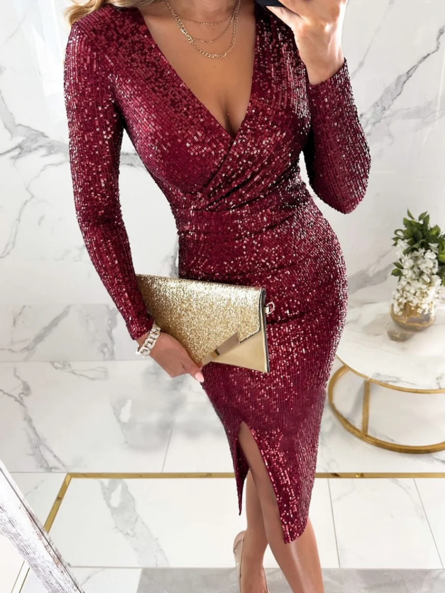 Sequins Fine Flash V-neck Hip-hugging Tight Fit Slit Parties Midi Dresses - Image 8