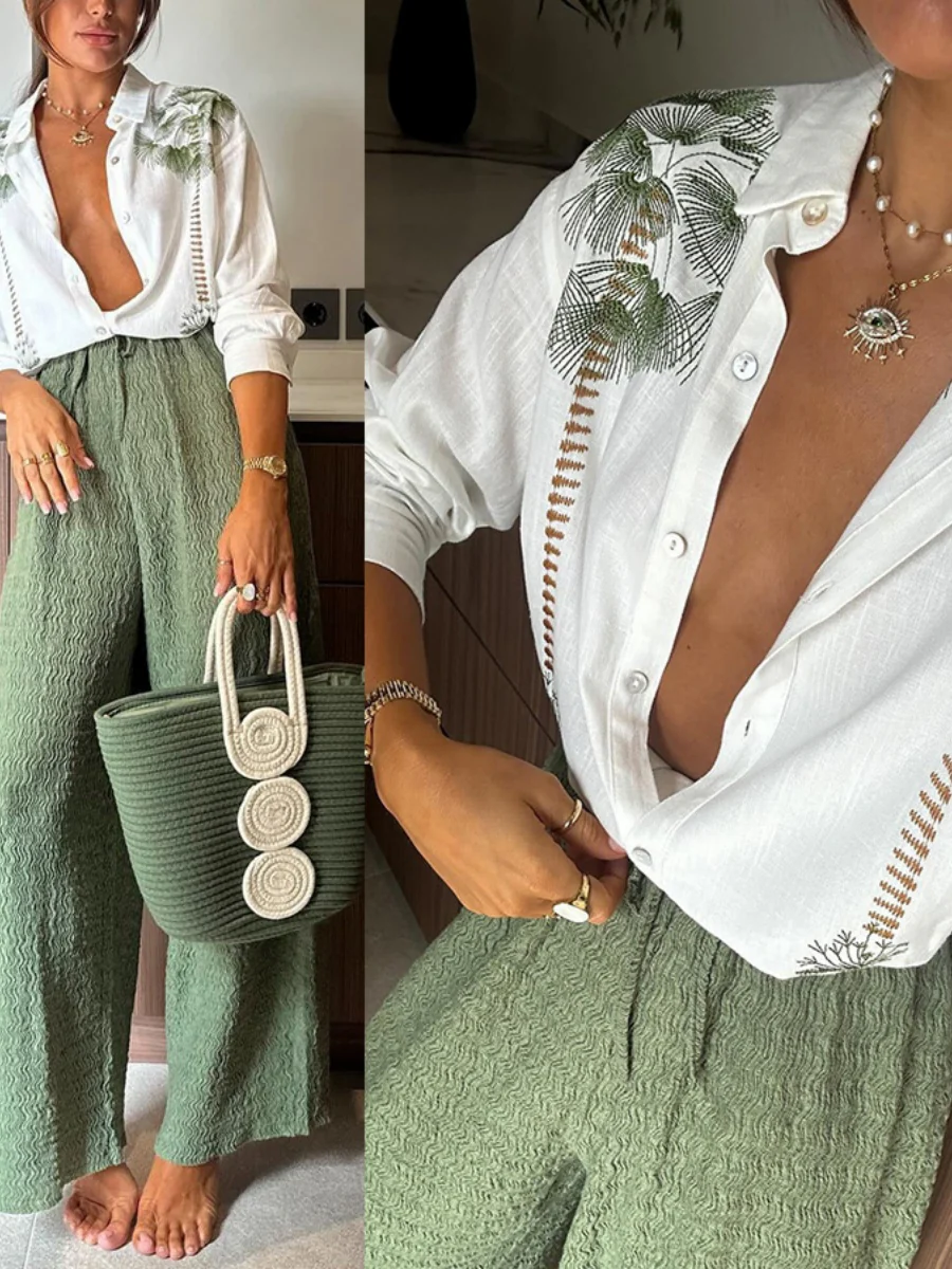 Long Sleeve Printed Shirt Straight-leg Trousers Set 2-piece Sets - Image 3