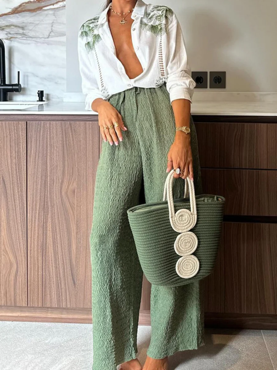Long Sleeve Printed Shirt Straight-leg Trousers Set 2-piece Sets - Image 5