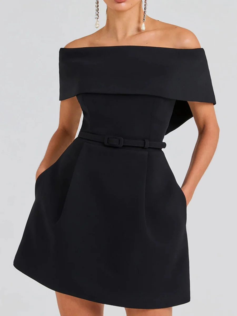 Off Shoulder Belts Formal Dress White Black Mini&Short Dresses - Image 6