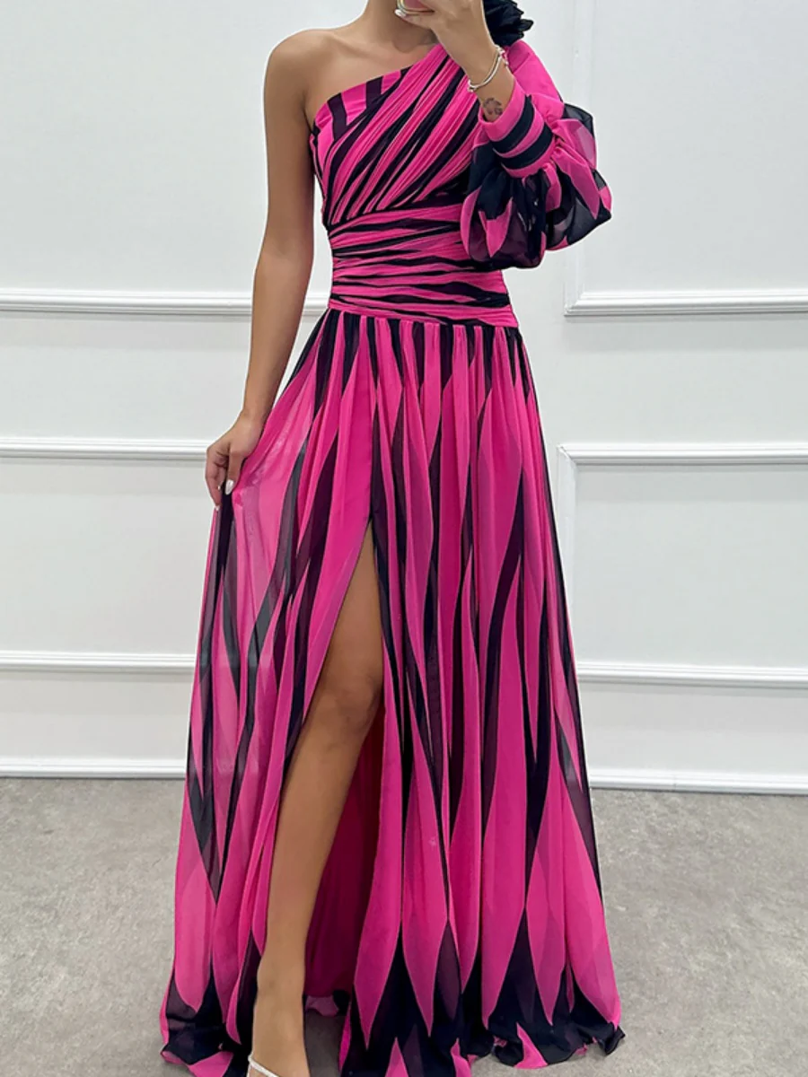Color-blocked Printed Sloping Shoulders Slit Formal Dress Maxi Dresses - Image 5