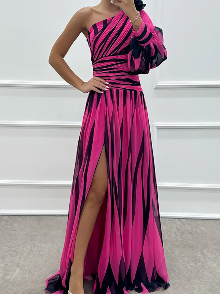 Color-blocked Printed Sloping Shoulders Slit Formal Dress Maxi Dresses - Image 6