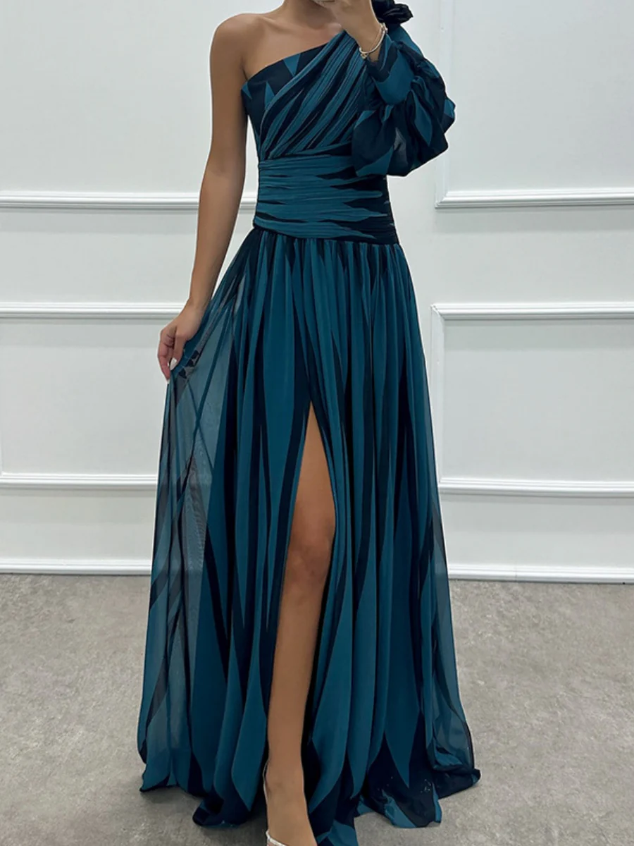 Color-blocked Printed Sloping Shoulders Slit Formal Dress Maxi Dresses - Image 8