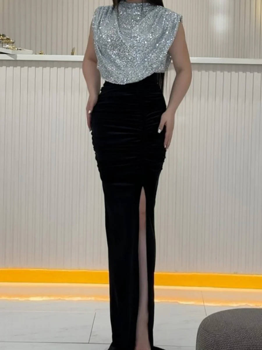 Sequins Splicing Sleeveless Hip-hugging Slit Parties Maxi Dresses - Image 7