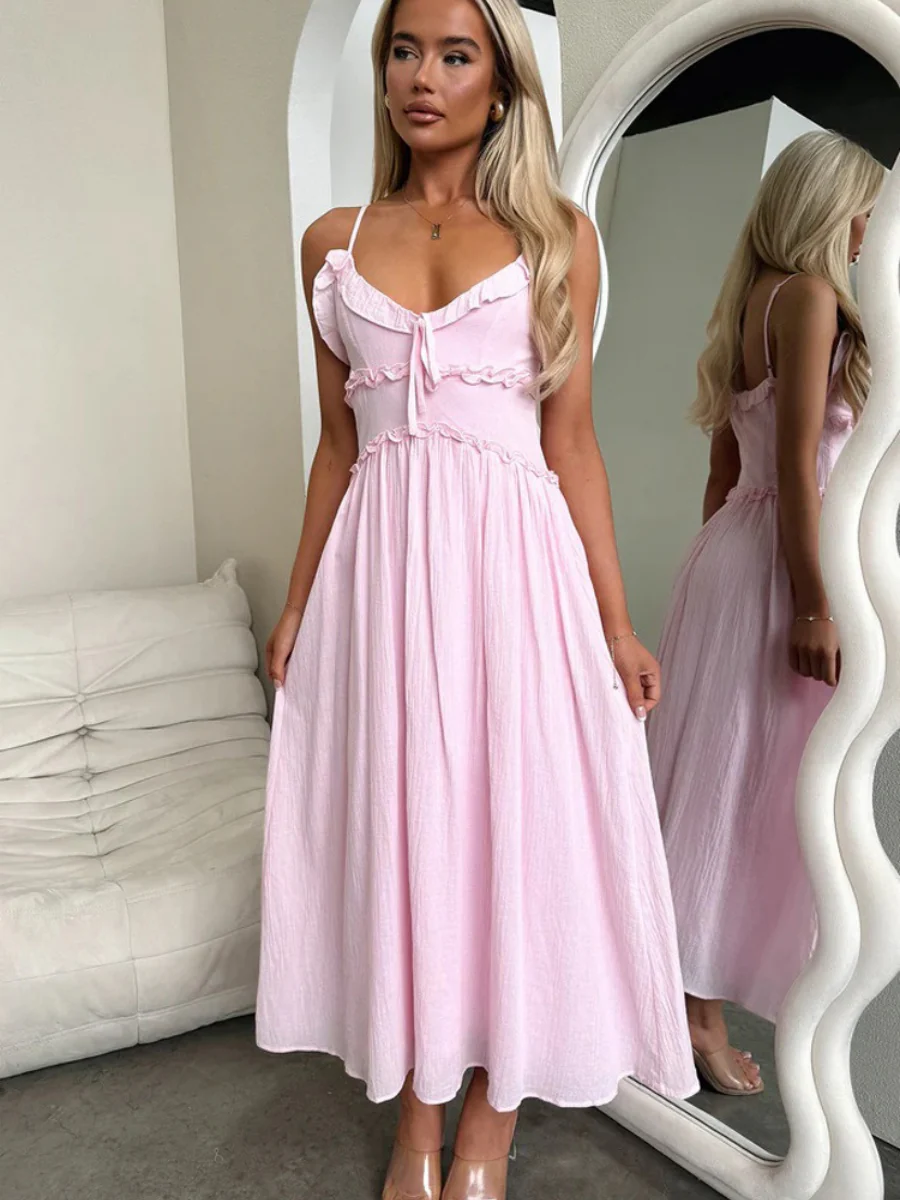 Ruffle Solid Color Camisoles Bandage Maxi Dresses